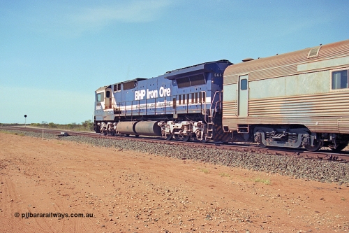 269-24
Goldsworthy Junction, and the Alstom 25-year service agreement special led by BHP Iron Ore's Goninan GE rebuild CM40-8M unit 5653 'Chiba' serial number 8412-10 / 93-144 heads back to Nelson Point with The Sundowner and 5634 on the rear of the train. Friday April 12, 2002.
Keywords: 5653;Goninan;GE;CM40-8M;8412-10/93-144;rebuild;AE-Goodwin;ALCo;M636C;5484;G6061-5;