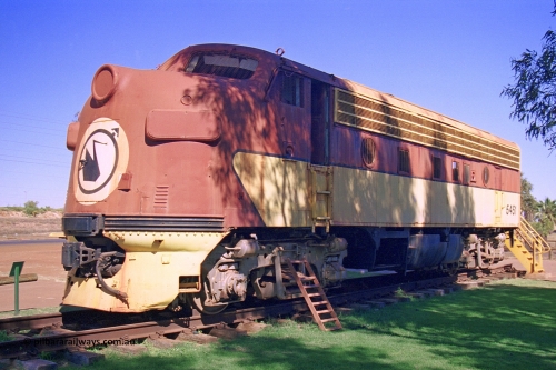 275-29
Port Hedland, Don Rhodes Mining Museum, Mt Newman Mining 5451, former Western Pacific F7A unit 923A built by EMD in June 1951 with serial number 10805 and frame number 3040-A3, this unit was purchased by Bechtel in 1967 for use in building the Mt Newman Mining railway from Port Hedland to Newman. August 10, 2003.
Keywords: 5451;EMD;F7A;10805;923A;3040-A3;