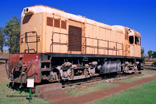 275-31
Port Hedland, Don Rhodes Mining Museum, preserved Goldsworthy Mining B class unit #2 serial number A-105, these units of Bo-Bo design with a 6CSRKT 640 kW prime mover were built at the English Electric Rocklea Qld plant in 1965 and primarily used for the construction of the Goldsworthy to Finucane Island railway, then ore trains and then the daily supply train once the A class arrived. August 10, 2003.
Keywords: 2;B-class;English-Electric-Qld;ST95B;A-105;GML;Goldsworthy-Mining;