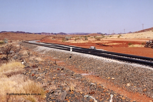 283-12
Harding Siding on the Robe River line at the 42 kilometre post looking in the down direction towards Deepdale. Recently extended north end of the siding to accommodate the soon to be West Angelas traffic and longer trains. May 22, 2002.
