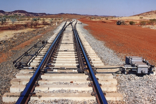 283-13
Harding Siding on the Robe River line at the 42 kilometre post looking in the down direction towards Deepdale. Recently extended north end of the siding to accommodate the soon to be West Angelas traffic and longer trains. May 22, 2002.
