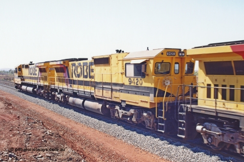283-24
Harding Siding, Robe River locomotive 9420 which is a Goninan WA ALCo to GE rebuild CM40-8M with serial 8109-03 / 91-119 from March 1991 riding on Hi-Ad bogies and was originally an ALCo Schenectady built C630 serial 3486-4 and built new for Chesapeake & Ohio (USA) as their 2103. It is one of four C630 ALCo units purchased in 1974 and delivered to Robe in January 1975. Everything below the frame is ALCo while above is GE and Pilbara Cab. 22nd May 2002.
Keywords: 9420;Goninan;GE;CM40-8M;8109-03/91-119;rebuild;ALCo;C630;3486-4;C+O;2103;