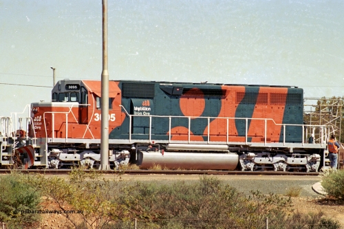 284-03
Port Hedland, Nelson Point hard stand area, BHP Billiton EMD SD40R unit 3095 serial 33677 and originally Southern Pacific SD40 SP 8485 has just been unloaded, August 7, 2004.
Keywords: 3095;EMD;SD40R;33677/7083-7;SD40;SP8485;