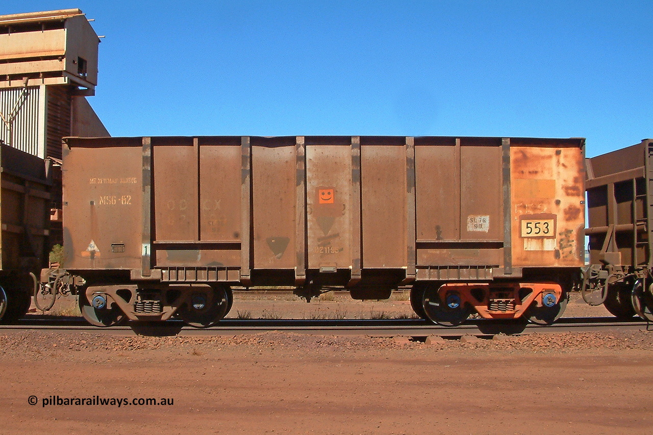 030712 142543
Nelson Point, empty BHP ore waggon 553, one of the original Magor USA build waggons bought out at construction of the Mt Newman project. Visible is the ODCX code and number 82190 from the Oroville Dam Construction company days in the USA. Unsure of the MS6-82 code, the DZ 11-95 code was the late time it was internally painted to reduce wear and the SL 76 with 92 below it was the last time the Miner SL-76 draft gear was replaced. 12th of July 2003.
Keywords: 553;Magor-USA;BHP-ore-waggon;