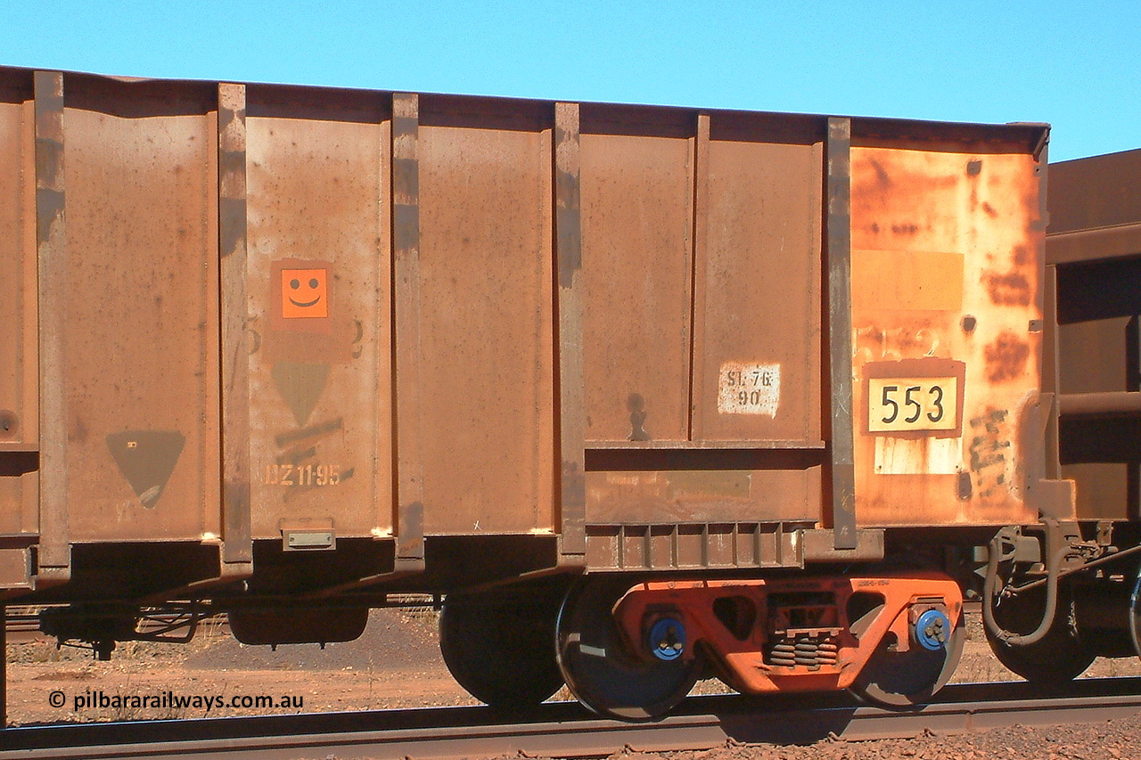 030712 142557
Nelson Point, empty BHP ore waggon 553, one of the original Magor USA build waggons bought out at construction of the Mt Newman project. Visible is the ODCX code and number 82190 from the Oroville Dam Construction company days in the USA. The DZ 11-95 code was the late time it was internally painted to reduce wear and the SL 76 with 90 below it was the last time the Miner SL-76 draft gear was replaced. 12th of July 2003.
Keywords: 553;Magor-USA;BHP-ore-waggon;