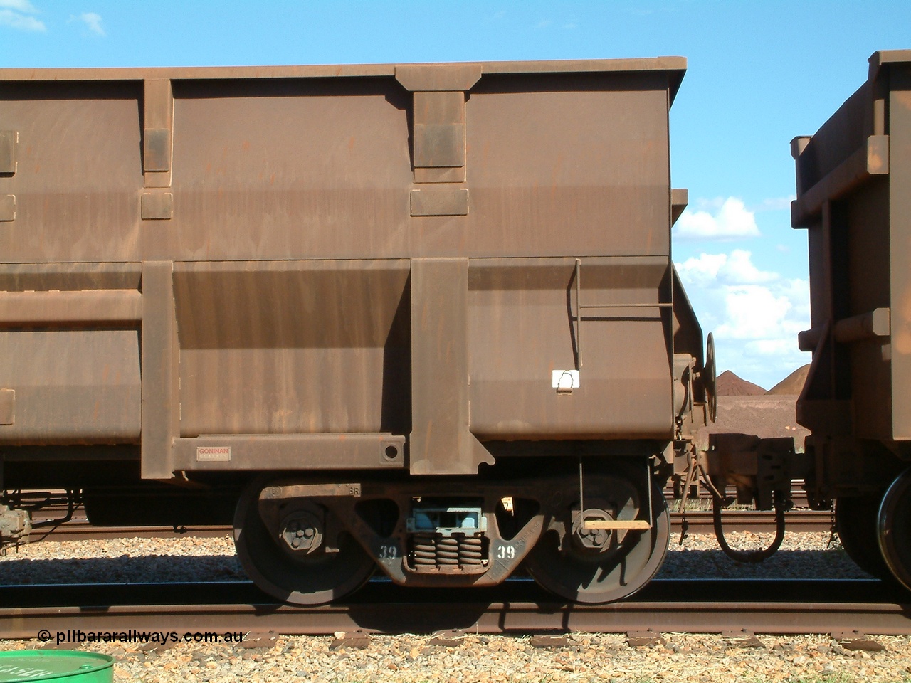 040412 144513
Nelson Point, Goninan built, Lynx Engineering designed ore waggon known as Golynx waggons, one of 345 such waggons constructed during 2001 out of 3CR12 stainless steel in an effort to eliminate painting and to reduce wear on the waggon body. 12th April 2004.
Keywords: Goninan-WA;Golynx;BHP-ore-waggon;