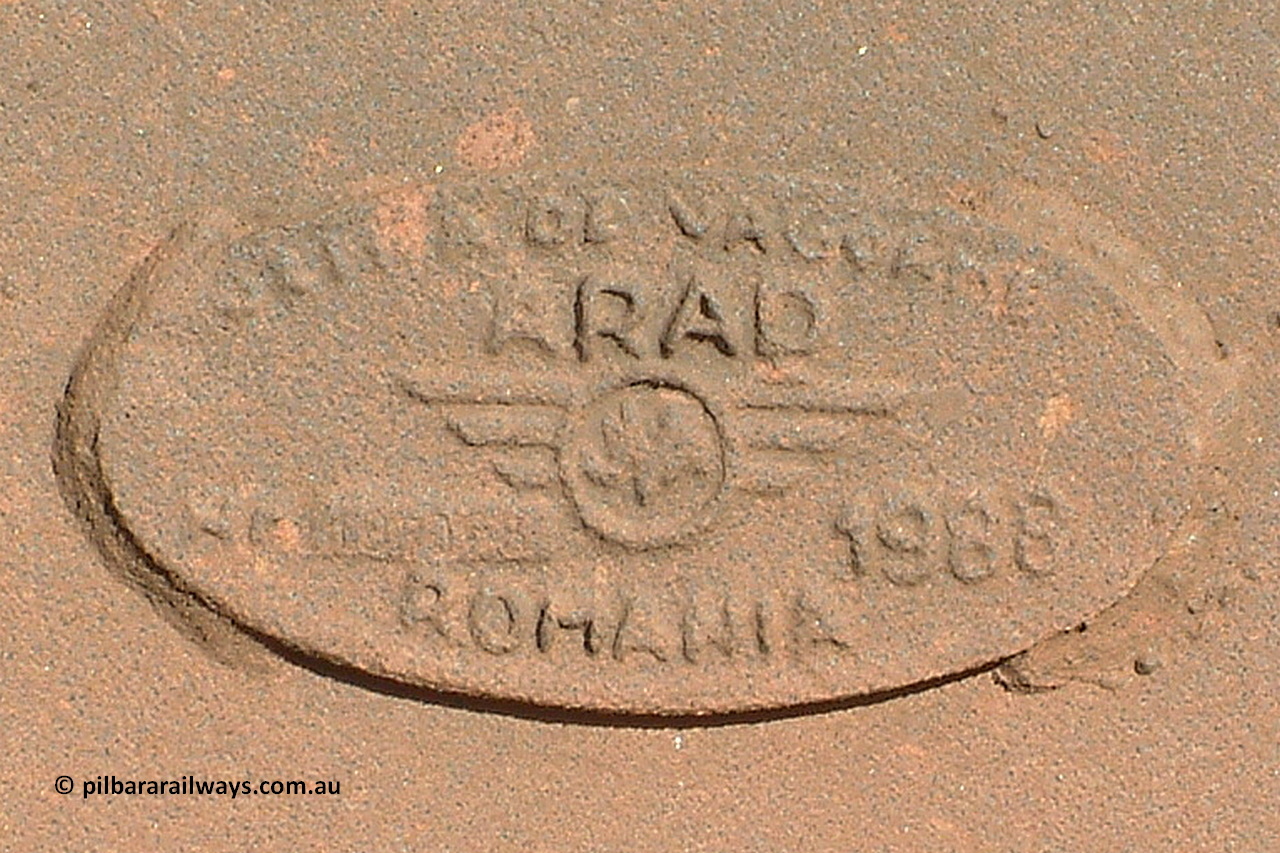040804 155643
Nelson Point, builders plate on Astra Vagoane of Arad in Romania built ore waggon 3307. Shows the date year of 1988 and what looks like a serial number. Three hundred and fifty waggons built during 1988 for Lang Hancock as part of a waggons for iron ore arrangement, only 75 found their way into service with BHP. 4th of August 2004.
Keywords: 3307;Astra-Vagoane-Arad-Romania;BHP-ore-waggon;