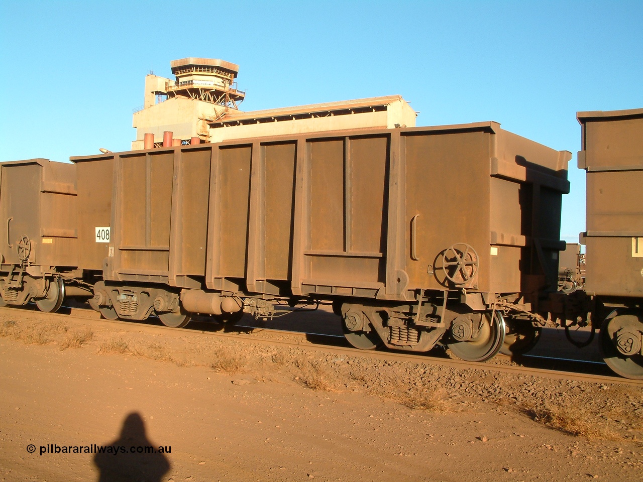 040815 165706
Nelson Point Car Dumper 3, an original Comeng built ore waggon dating from a batch of 86 built in 1980, numbered 4080 with a build date of August 1980 which has had the walls resheeted. 15th August 2004.
Keywords: 4080;Comeng-WA;BHP-ore-waggon;