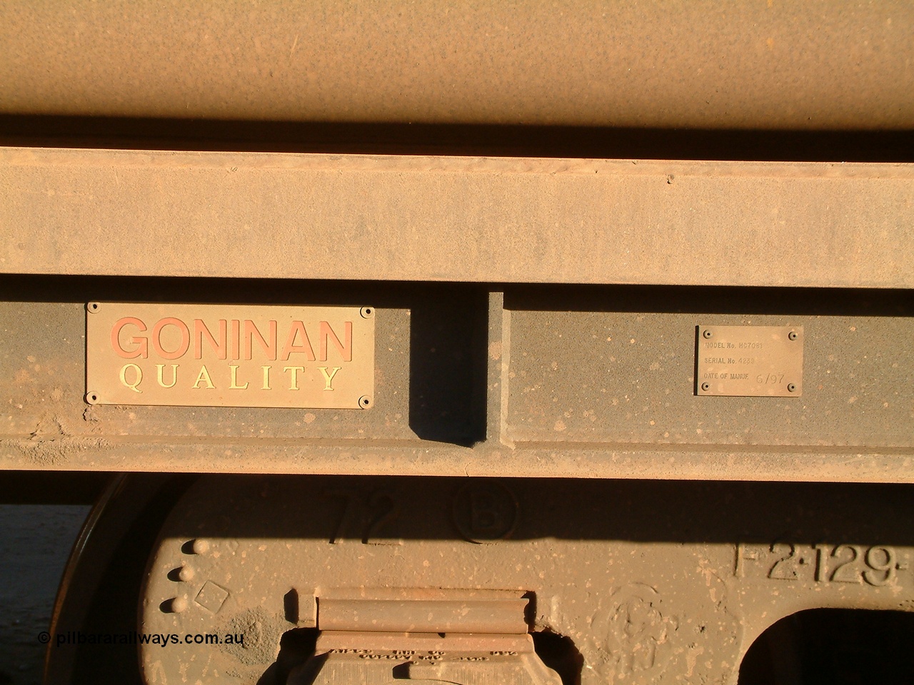 040815 165848
Nelson Point Car Dumper 3, builders plate of Goninan built ore waggon 4239, one of 126 such waggons constructed during 1997 out of 3CR12 stainless steel in an effort to eliminate painting and to reduce wear on the waggon body. This design was designated HC7081. 15th August 2004.
Keywords: 4239;Goninan-WA;BHP-ore-waggon;