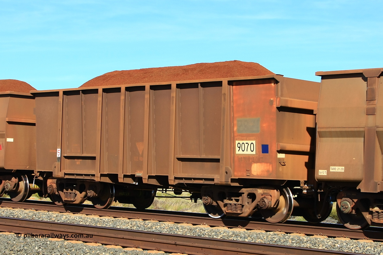 110620 1959r
Walla Siding, BHP ore waggon 9070 loaded with Yandi fines, renumbered from 2821, originally built in 1971 by Comeng WA as part of a batch of four hundred waggons. The renumbering would be due to a new waggon replacing a potential scrap waggon, which then has been returned to service. 20th of June 2011.
Keywords: 9070;Comeng-WA;2821;BHP-ore-waggon;renumber;