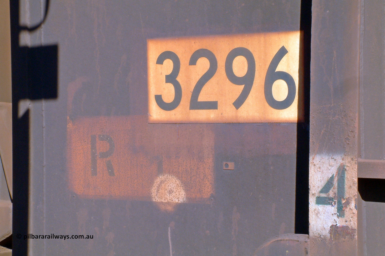 3296 Astra Vagoane 040805 150852
Nelson Point, detail view of the number board of BHP ore waggon 3296, one of three hundred and fifty waggons built during 1988 by Astra Vagoane of Arad in Romania for Lang Hancock as part of a 'waggons for iron ore arrangement' with the then Romanian government, however only seventy-five found their way into service with BHP. August 5, 2004.
Keywords: 3296;Astra-Vagoane-Arad-Romania;BHP-ore-waggon;