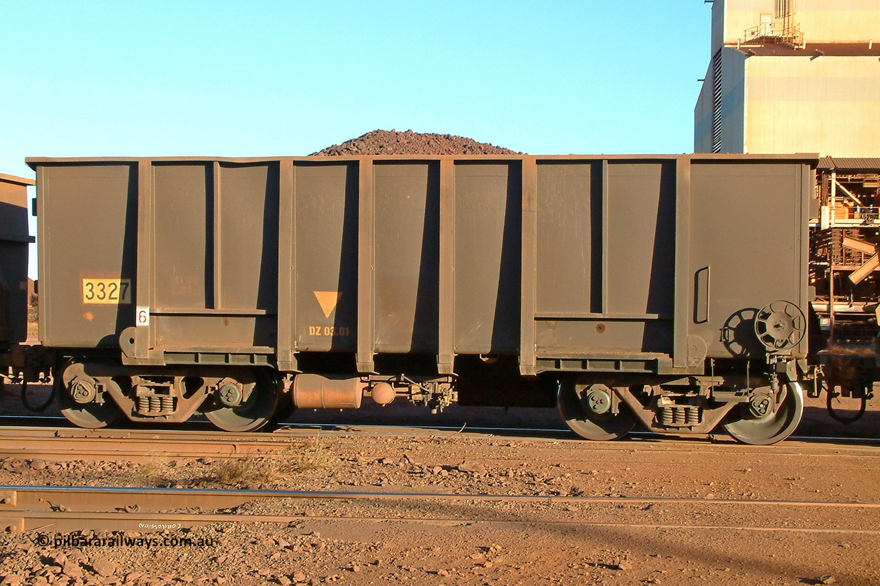 3327 Astra Vagoane 040815 165126
Nelson Point, loaded BHP ore waggon 3327 is one of three hundred and fifty waggons built during 1988 by Astra Vagoane of Arad in Romania for Lang Hancock as part of a 'waggons for iron ore arrangement' with the then Romanian government, however only seventy-five found their way into service with BHP. August 15, 2004.
Keywords: 3327;Astra-Vagoane-Arad-Romania;BHP-ore-waggon;