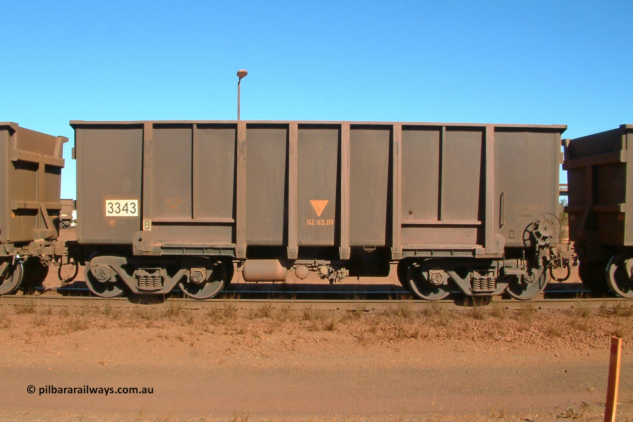 3343 Astra Vagoane 040805 150556
Nelson Point, empty BHP ore waggon 3343 is one of three hundred and fifty waggons built during 1988 by Astra Vagoane of Arad in Romania for Lang Hancock as part of a 'waggons for iron ore arrangement' with the then Romanian government, however only seventy-five found their way into service with BHP. August 5, 2004.
Keywords: 3343;Astra-Vagoane-Arad-Romania;BHP-ore-waggon;