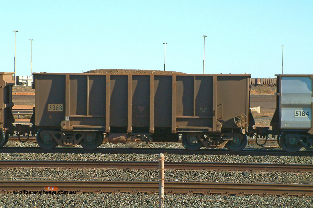 3368 Astra Vagoane 040809 161604
Nelson Point, loaded BHP ore waggon 3368 is one of three hundred and fifty waggons built during 1988 by Astra Vagoane of Arad in Romania for Lang Hancock as part of a 'waggons for iron ore arrangement' with the then Romanian government, however only seventy-five found their way into service with BHP. August 9, 2004.
Keywords: 3368;Astra-Vagoane-Arad-Romania;BHP-ore-waggon;