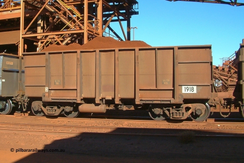 1918 Comeng 040718 151441
Nelson Point, Car Dumper 3, BHP ore waggon 1918, originally built by Comeng WA in 1975 as part of a batch of one hundred and seventy-five waggons. Seen here with replacement sides out of 3CR12 type steel to the then current Goninan style. July 18, 2004.
Keywords: 1918;Comeng-WA;BHP-ore-waggon;