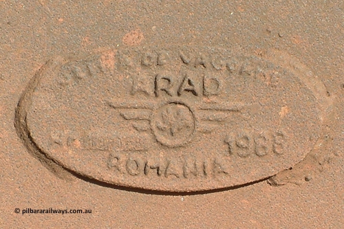 3307 Astra Vagoane 040804 155643
Nelson Point, builders plate on Astra Vagoane of Arad in Romania built ore waggon 3307. Shows the date year of 1988 and what looks like a serial number. Three hundred and fifty waggons built during 1988 for Lang Hancock as part of a 'waggons for iron ore arrangement', only seventy-five found their way into service with BHP. August 4, 2004.
Keywords: 3307;Astra-Vagoane-Arad-Romania;BHP-ore-waggon;