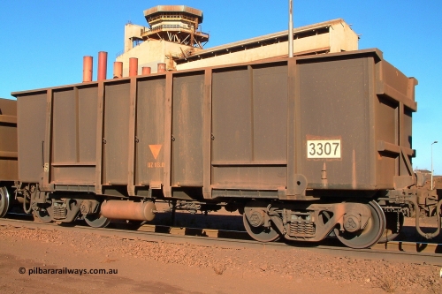 3307 Astra Vagoane 040804 155709
Nelson Point, BHP ore waggon 3307 is one of three hundred and fifty waggons built during 1988 by Astra Vagoane of Arad in Romania for Lang Hancock as part of a 'waggons for iron ore arrangement' with the then Romanian government, however only seventy-five found their way into service with BHP. August 4, 2004.
Keywords: 3307;Astra-Vagoane-Arad-Romania;BHP-ore-waggon;