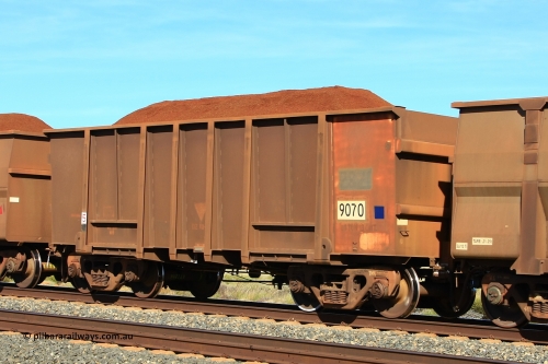 9070 Comeng 110620 1959
Walla Siding, BHP ore waggon 9070 loaded with Yandi fines, renumbered from 2821, originally built in 1971 by Comeng WA as part of a batch of four hundred waggons. The renumbering would be due to a new waggon replacing a potential scrap waggon, which then has been returned to service. June 20, 2011.
Keywords: 9070;Comeng-WA;2821;BHP-ore-waggon;renumber;