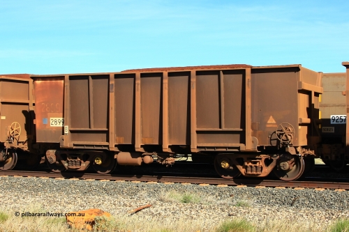 2899 Comeng 110620 2040
Walla Siding, empty BHP ore waggon 2899, originally built in 1971 by Comeng WA as part of a batch of four hundred waggons. The steel panels in the ribs have been resheeted, but not the end panels. June 20, 2011.
Keywords: 2899;Comeng-WA;BHP-ore-waggon;
