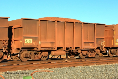 4508 Transfield 110620 2320
Walla, loaded BHP ore waggon 4508, one of eighteen built by Transfield WA in 1976 with a tapered floor. June 20, 2011.
Keywords: 4508;Transfield-WA;BHP-ore-waggon;