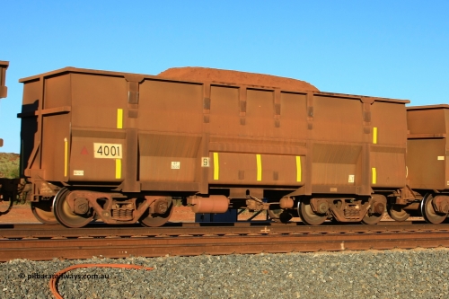 4001 Goninan 110620 2396
Walla, loaded BHP ore waggon 4001, an example of the Golynx design as built by Goninan WA in large numbers in May 2005. This Golynx body replaced an earlier Comeng waggon with the same number. June 20, 2011.
Keywords: 4001;Goninan-WA;Golynx;BHP-ore-waggon;