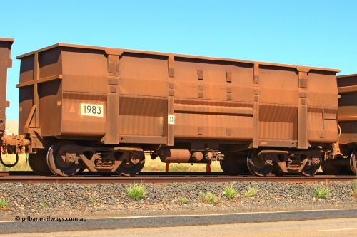 1983 Goninan 110414 0151
Boodarie, empty BHP Iron Ore Waggon 1983, a Goninan WA replacement 3Cr12 body, has original Comeng build undergear. April 14, 2011.
Keywords: 1983;Goninan-WA;BHP-ore-waggon;