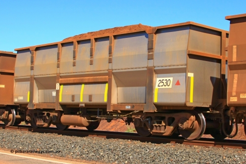 2530 UGL 110414 0118
Boodarie, empty BHP Iron Ore waggon 2530, a Golynx build replacement body by United Goninan Limited WA, new build from February 2011. Original Comeng build undergear. The 5Cr12Ti decal is the type of steel the body is made of. April 14, 2011.
Keywords: 2530;UGL-WA;BHP-ore-waggon;