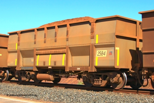2584 UG 110414 0123
Boodarie, empty BHP Iron Ore waggon 2584, a Golynx build replacement body by United Goninan, new build from May 2010. Original Comeng build undergear. April 14, 2011.
Keywords: 2584;United-Goninan-WA;BHP-ore-waggon;