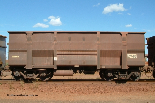 2940 Goninan 040412 143710
Nelson Point, Goninan built, Lynx Engineering designed ore waggon 2940 are known as Golynx waggons, one of 345 such waggons constructed during 2001 out of 3CR12 stainless steel in an effort to eliminate painting and to reduce wear on the waggon body. 12th April 2004.
Keywords: 2940;Goninan-WA;Golynx;BHP-ore-waggon;