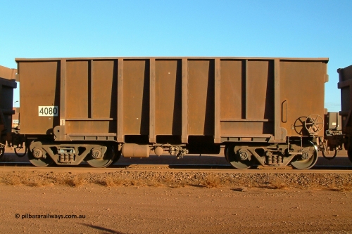 4080 Comeng 040815 165654
Nelson Point Car Dumper 3, an original Comeng built ore waggon dating from a batch of 86 built in 1980, numbered 4080 with a build date of August 1980 which has had the walls resheeted. 15th August 2004.
Keywords: 4080;Comeng-WA;BHP-ore-waggon;