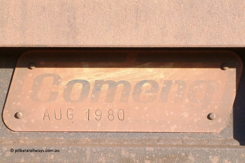 4080 Comeng 040815 165720
Nelson Point Car Dumper 3, original Comeng builders plate on ore waggon 4080, a batch of 86 built in 1980 indicating 4080 was built in August 1980. 15th August 2004.
Keywords: 4080;Comeng-WA;BHP-ore-waggon;