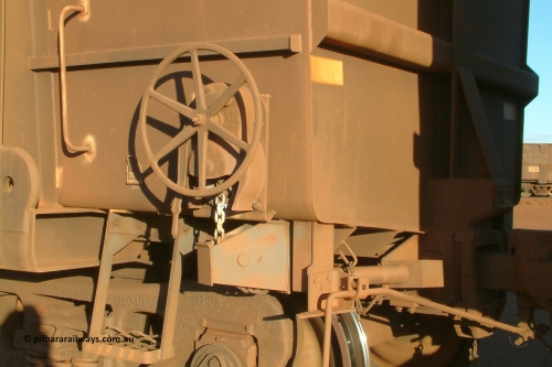 4239 Goninan 040815 165914
Nelson Point Car Dumper 3, a new Goninan built ore waggon 4239, one of 126 such waggons constructed during 1997 out of 3CR12 stainless steel in an effort to eliminate painting and to reduce wear on the waggon body. Note the rounded bottom edge and tapered floor, this design was designated HC7081. 15th August 2004.
Keywords: 4239;Goninan-WA;BHP-ore-waggon;