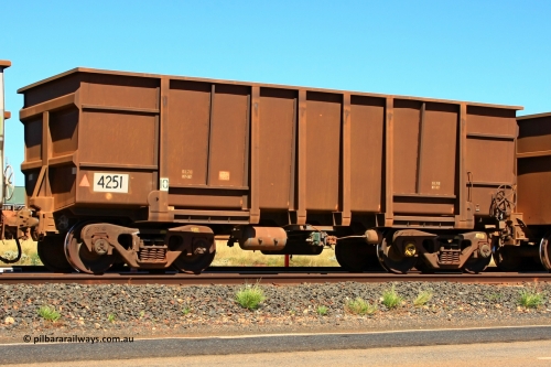 4251 Goninan 110414 0147
Boodarie, empty BHP Iron Ore waggon 4251, a Goninan tapered floor build from 1997, model HC7081, similar design to the earlier Transfield builds. April 14, 2011.
Keywords: 4251;Goninan-WA;BHP-ore-waggon