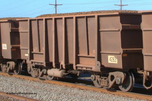 4283 Goninan 041001 153054
Redbank, loaded BHP Iron Ore waggon 4283, a Goninan 3Cr12 type flat floor built in 1997 with asset number 802###. October 1, 2004.
Keywords: 4283;Goninan-WA;BHP-ore-waggon;