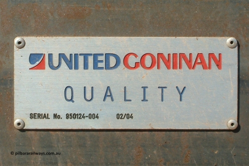 4403 Goninan 040801 144138
Walla Siding, builders plate on Goninan built, Lynx Engineering designed ore waggon 4403 made from 5Cr12Ti stainless steel these waggons are known as Golynx waggons, asset number 203510 with serial 950124-004 and build date 02/2004. 1st August 2004.
Keywords: 4403;Goninan-WA;Golynx;BHP-ore-waggon;