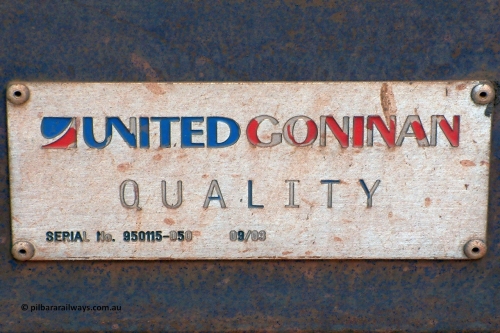 4769 UG 040911 124352
Nelson Point, builders plate on BHP Iron Ore waggon 4769, a United Goninan Golynx build from September 2003 with serial number 950115-050. September 11, 2004.
Keywords: 4769;United-Goninan-WA;BHP-ore-waggon