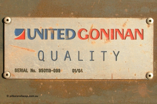 4938 UG 040815 170442
Nelson Point, builders plate on BHP Iron Ore waggon 4938, a United Goninan Golynx build from February 2004, part of rake three, with serial number 950119-099. August 15, 2004.
Keywords: 4938;United-Goninan-WA;BHP-ore-waggon;