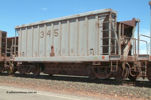 8345 Portec USA 040409 123128
Boodarie, Goldsworthy service bottom discharge Portec USA built ore waggon 8345 is one of ten that was purchased second hand in 1992 from Phelps Dodge Copper Mine, believed to be built in 1980s. 9th April 2004. 8 has been added to number to correctly place the waggon.
Keywords: 345;Portec-USA;BHP-ore-waggon;