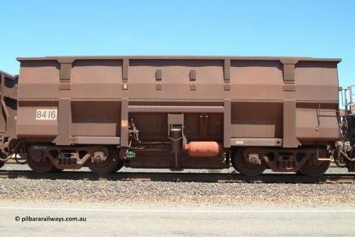 8416 Goninan 040409 121940
Boodarie, Goninan built Golynx waggon 8416 with serial number 950088-326 from November 2011, which is a modified version of the BHP mainline waggons for service on the Goldsworthy system as a bottom discharge waggon. 9th of April 2004.
Keywords: 8416;Goninan-WA;Golynx;950088-326;BHP-ore-waggon;