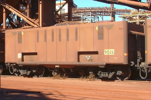 9026 Comeng 030712 143315
Nelson Point, empty BHP ore waggon 9026 with drop belly floor, originally built by Comeng in Mittagong NSW as a part of seven prototype ore waggons made from low carbon 301 stainless steel with an higher volume and aerodynamic flat sides and were bogieless with four independent radial wheel sets. Of the seven waggon, the first four had a flat floor and final three had a drop belly floor. The radial wheel sets were later replaced with conventional bogies. July 12, 2003.
Keywords: 9026;Comeng-NSW;BHP-ore-waggon;
