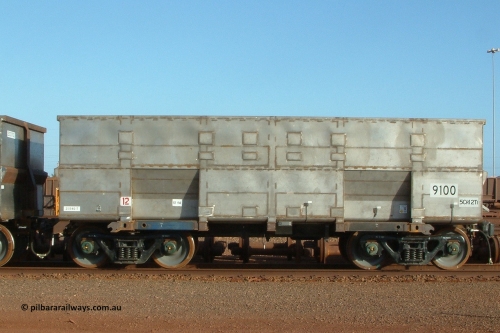 9100 Bradken 041225 064625
Nelson Point Ore Car Repair Shops, brand new Bradken NSW built ore waggon and type leader 9100 asset number 2031702. These waggons are the latest additions to the fleet with 20 on order in total. They are made from the same 5Cr12Ti steel that the Goninan Golynx waggons are made. 9100 has been set up for use as a 'test' waggon with load sensors located all over it. 25th December 2004.
Keywords: 9100;Bradken-NSW;BHP-ore-waggon;