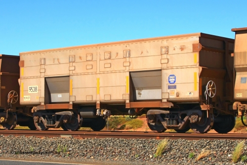9538 Bradken 110414 0140
Boodarie, empty BHP Iron Ore waggon 9538 a Bradken build from August 2010 with the blue ECPB designating Wabtec overlay installed Dec 2010. April 14, 2011.
Keywords: 9538;Bradken-NSW;BHP-ore-waggon;