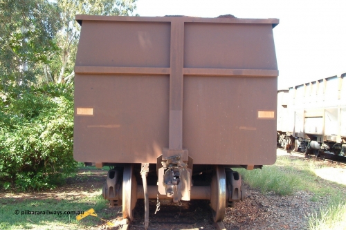 Goninan 040412 144321
Nelson Point, Goninan built, Lynx Engineering designed ore waggon known as Golynx waggons, one of 345 such waggons constructed during 2001 out of 3CR12 stainless steel in an effort to eliminate painting and to reduce wear on the waggon body, note broken knuckle. 12th April 2004.
Keywords: Goninan-WA;Golynx;BHP-ore-waggon;