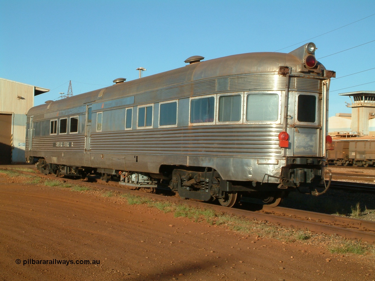 040616 162136
Nelson Point, the Sundowner coach, originally built by E. G. Budd in 1939 numbered 301 as the Silver Star as a diner-parlour-observation coach on the Chicago, Burlington and Quincy Railroad's General Pershing Zephyr train from the 1930s and 1940s. Donated to Mt Newman Mining Co. by AMAX an original joint venture partner to commemorate the projects first 100 million tonnes of iron ore railed between Mount Whaleback mine and the Port Hedland port.
Keywords: Silver-Star;EG-Budd;Sundowner;General-Pershing-Zephyr;301;