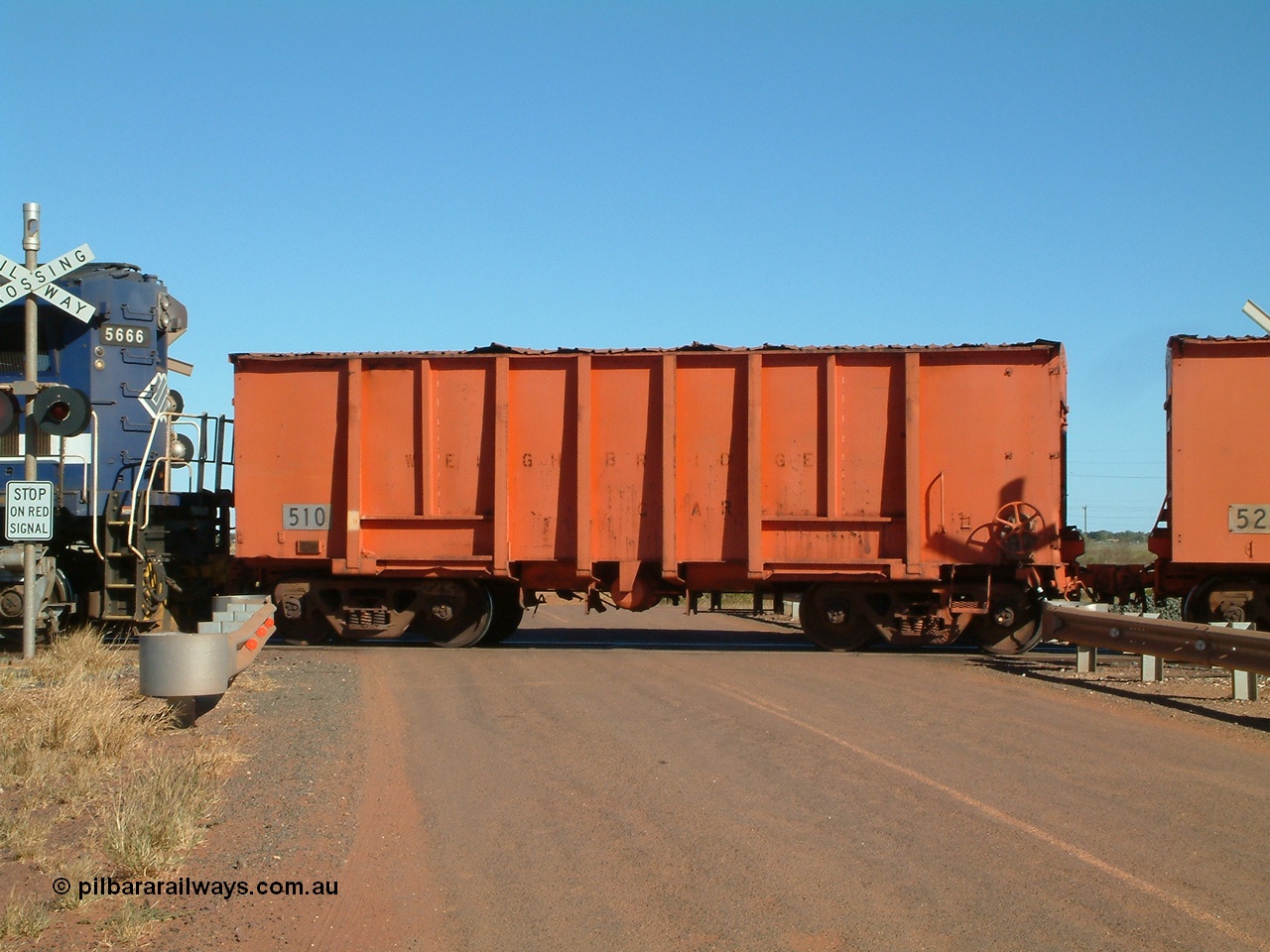 040806 091220
Goldsworthy Junction, weighbridge test waggon 510 originally built by Magor USA and ex Oroville Dam, converted by Mt Newman Mining into a test waggon.
