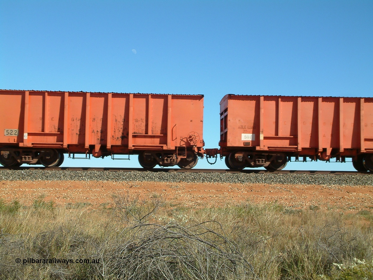 040806 092434
Goldsworthy Junction, weighbridge test waggon 507, originally built by Magor USA and ex Oroville Dam, converted by Mt Newman Mining into a 20 ton axle load test waggon coupled to 510.
