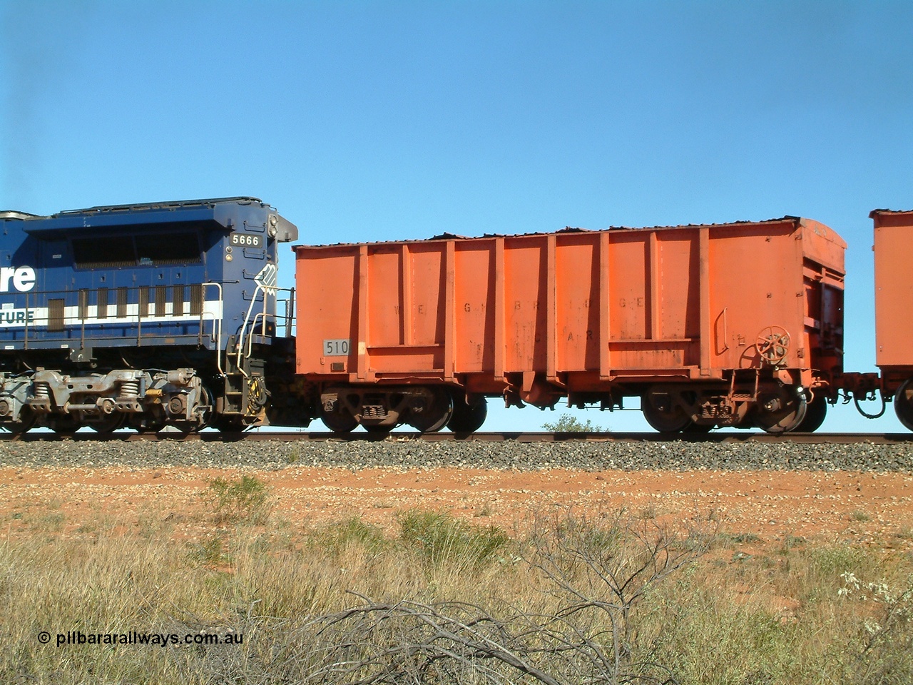 040806 092738
Goldsworthy Junction, weighbridge test waggon 510 originally built by Magor USA and ex Oroville Dam, converted by Mt Newman Mining into a test waggon.
