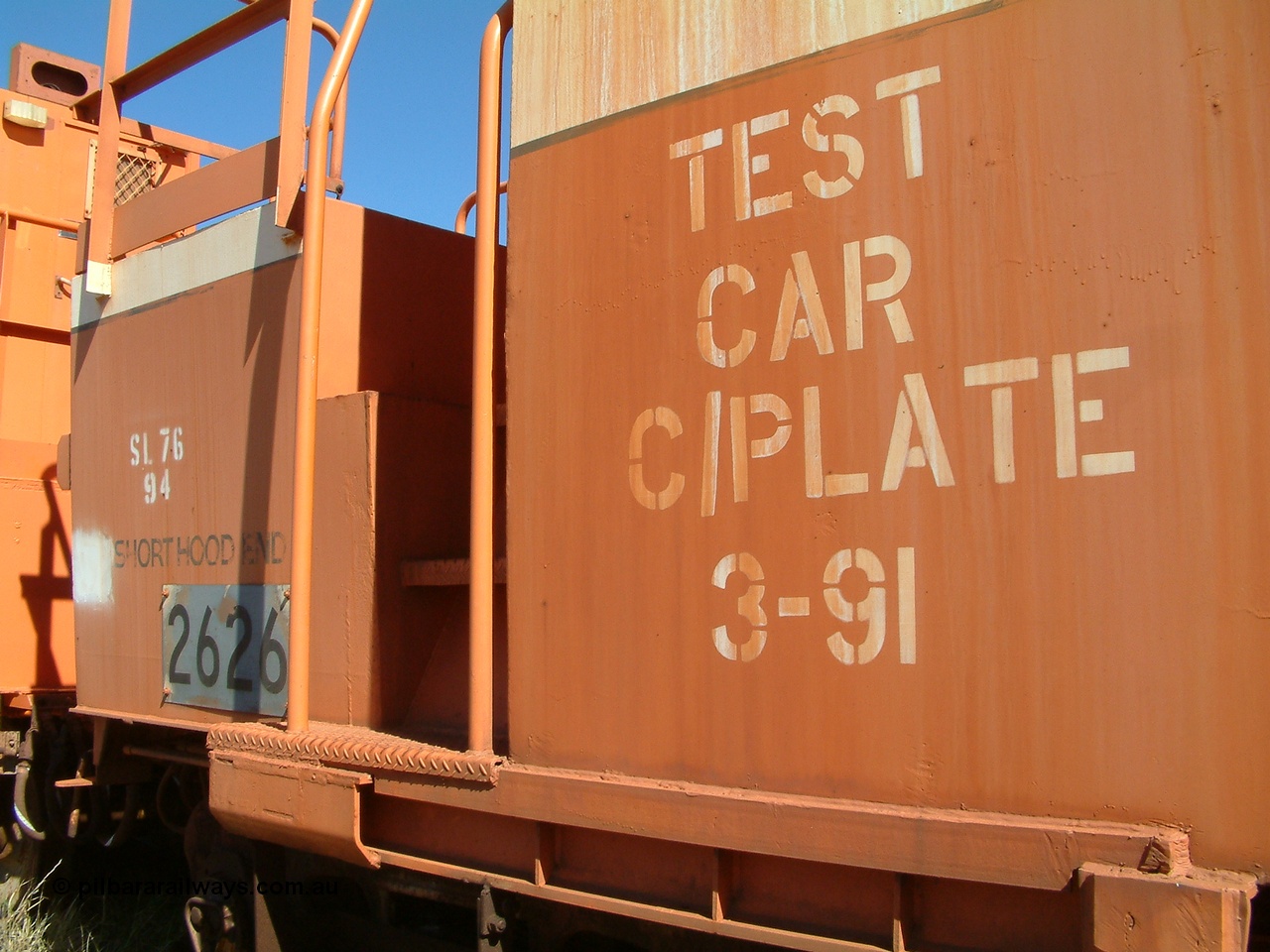 040806 102928
Flash Butt yard, rear view of stored out of service LocoTrol waggon 2626 showing number board and the short hood end.
Keywords: Comeng-WA;