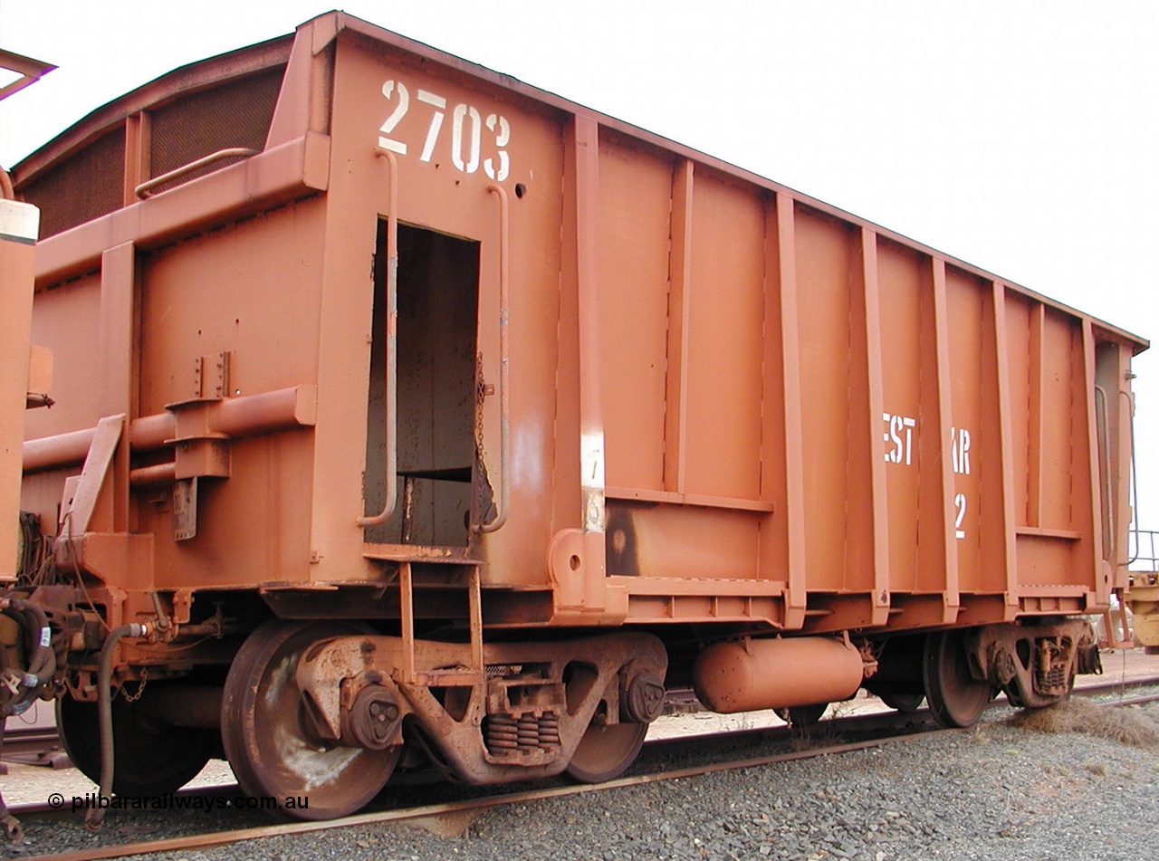 040806 102636
Flash Butt yard, view of Rail Dynamics Laboratory test waggon 2703, modified by BHP from waggon number 2716 in 1975, originally a Comeng built waggon dating from 1971.
Keywords: Comeng-WA;BHP-Comeng-Ore-Waggon;BHP-Service-Waggon;