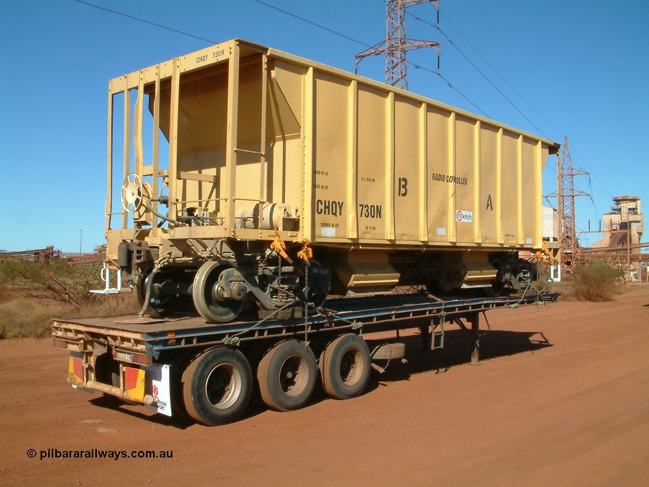 040814 091958
Nelson Point, CFCLA ballast waggon CHQY type 730 just being delivered to BHP Iron Ore as part of the Rail PACE project, 3/4 view from handbrake end.
Keywords: CHQY-type;CHQY730;CFCLA;CRDX-type;BHP-ballast-waggon;